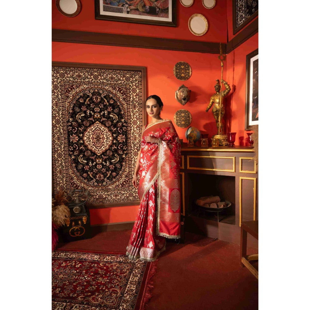 Zal from Benaras Red Pure Katan Silk Banarasi Jangla Work Saree without Blouse