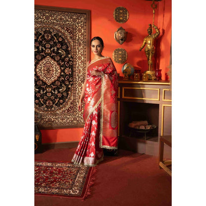 Zal from Benaras Red Pure Katan Silk Banarasi Jangla Work Saree without Blouse