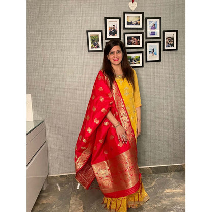 Zal from Benaras Red Pure Katan Silk Banarasi Handloom Dupatta
