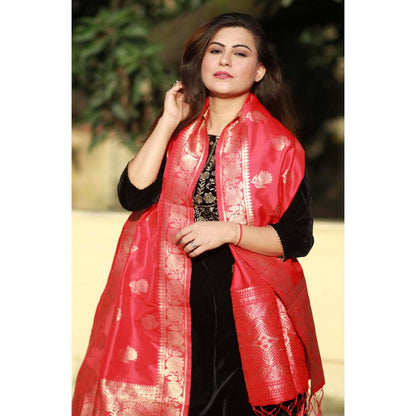 Zal from Benaras Red Pure Katan Silk Banarasi Handloom Dupatta