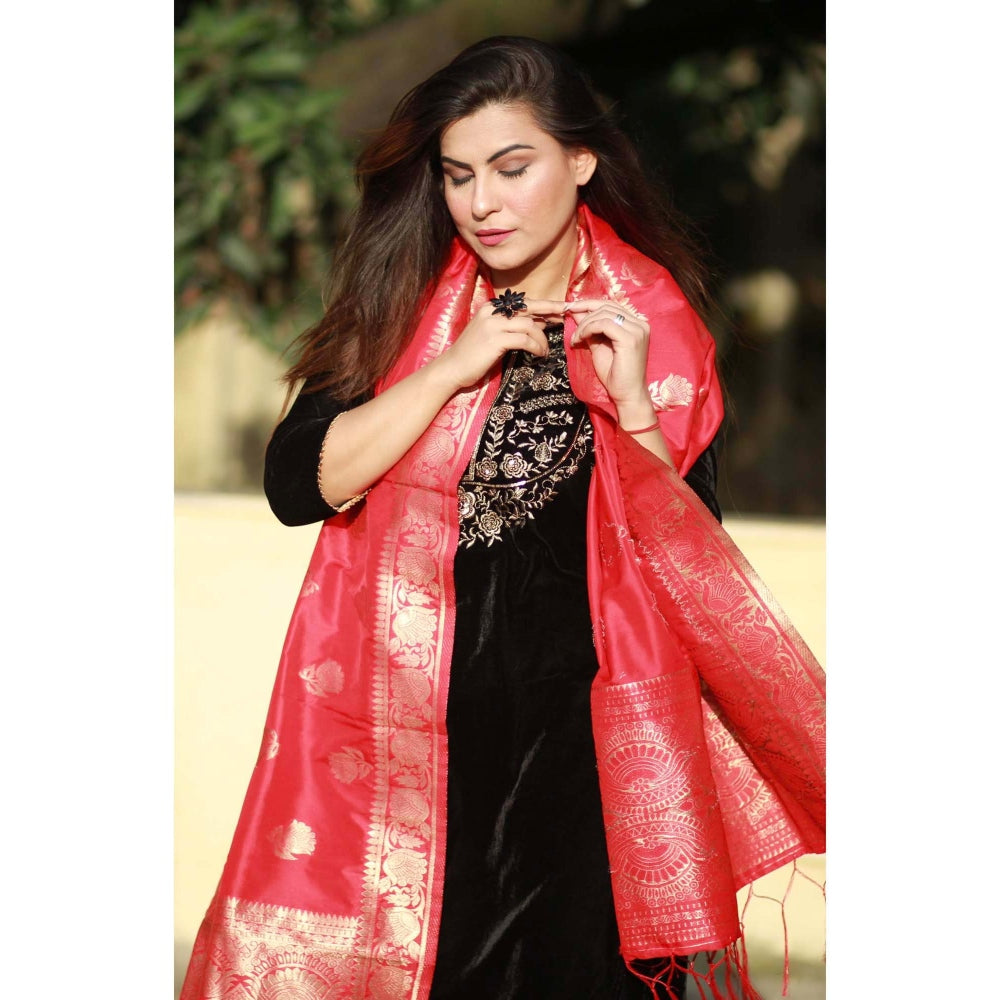 Zal from Benaras Red Pure Katan Silk Banarasi Handloom Dupatta