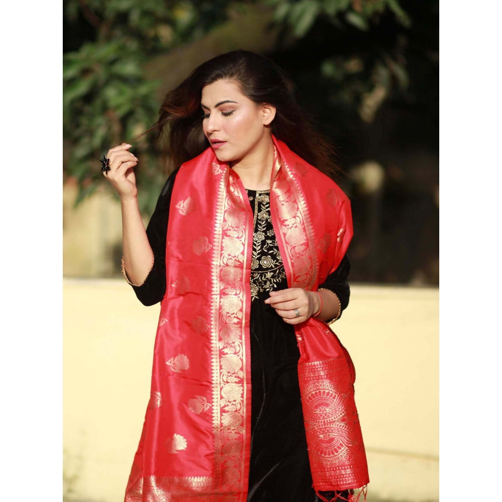 Zal from Benaras Red Pure Katan Silk Banarasi Handloom Dupatta