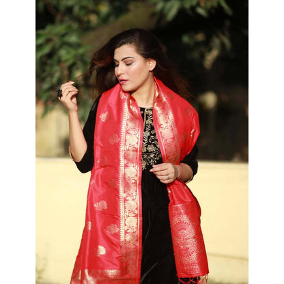 Zal from Benaras Red Pure Katan Silk Banarasi Handloom Dupatta