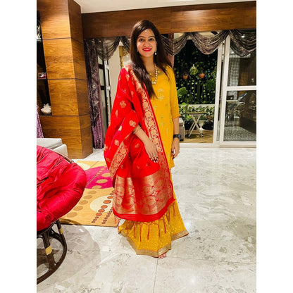 Zal from Benaras Red Pure Katan Silk Banarasi Handloom Dupatta