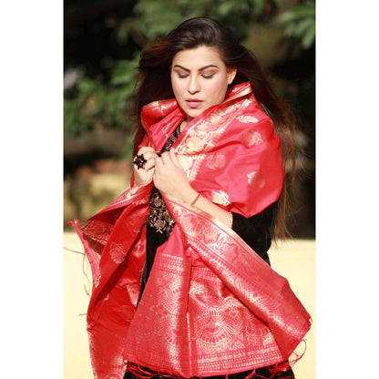Zal from Benaras Red Pure Katan Silk Banarasi Handloom Dupatta