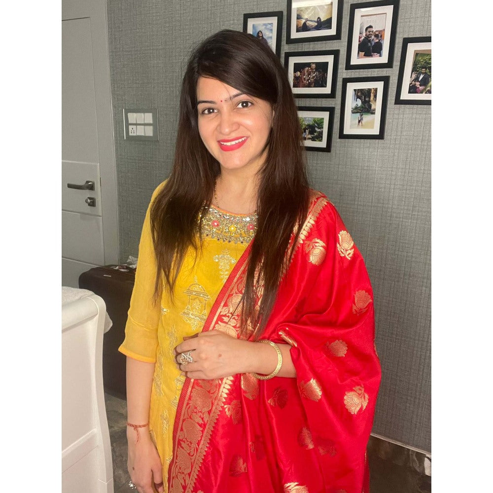 Zal from Benaras Red Pure Katan Silk Banarasi Handloom Dupatta