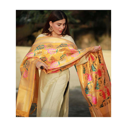 Zal from Benaras Yellow Pure Silk Banarasi Handloom Dupatta