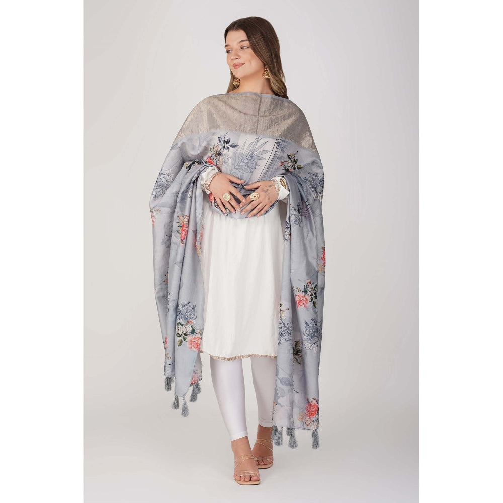 Zal from Benaras Blue Pure Silk Digital Print Banarasi Handloom Dupatta