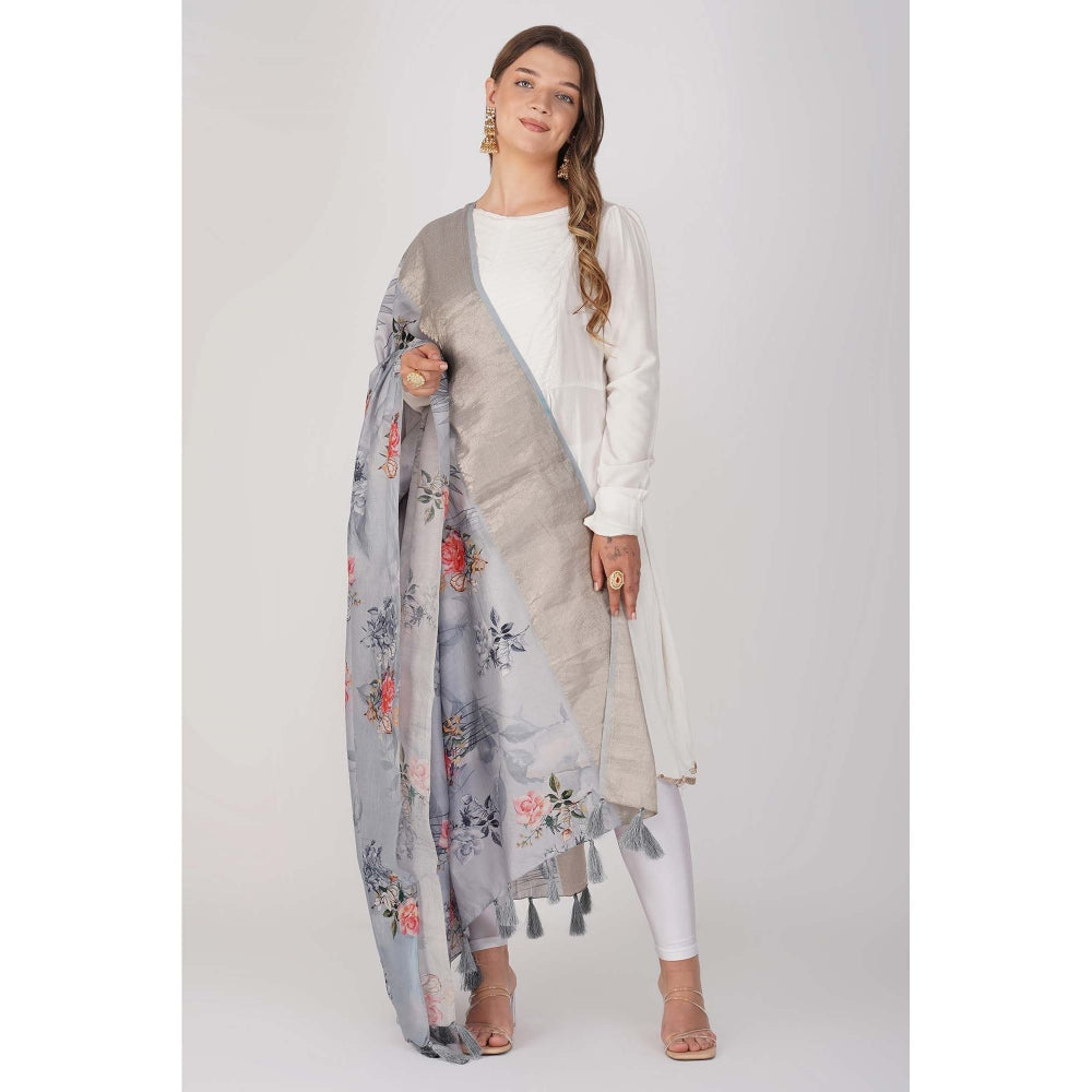 Zal from Benaras Blue Pure Silk Digital Print Banarasi Handloom Dupatta