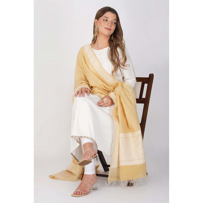 Zal from Benaras Lemon Yellow Pure Linen Cotton Silk Banarasi Handloom Dupatta