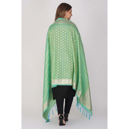 Zal from Benaras Bright Green Pure Linen Cotton Silk Banarasi Handloom Dupatta