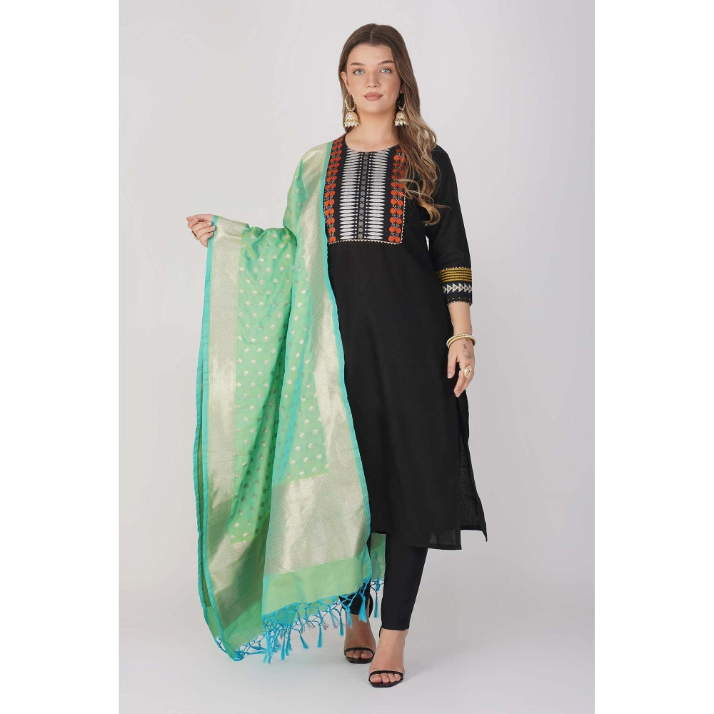 Zal from Benaras Bright Green Pure Linen Cotton Silk Banarasi Handloom Dupatta