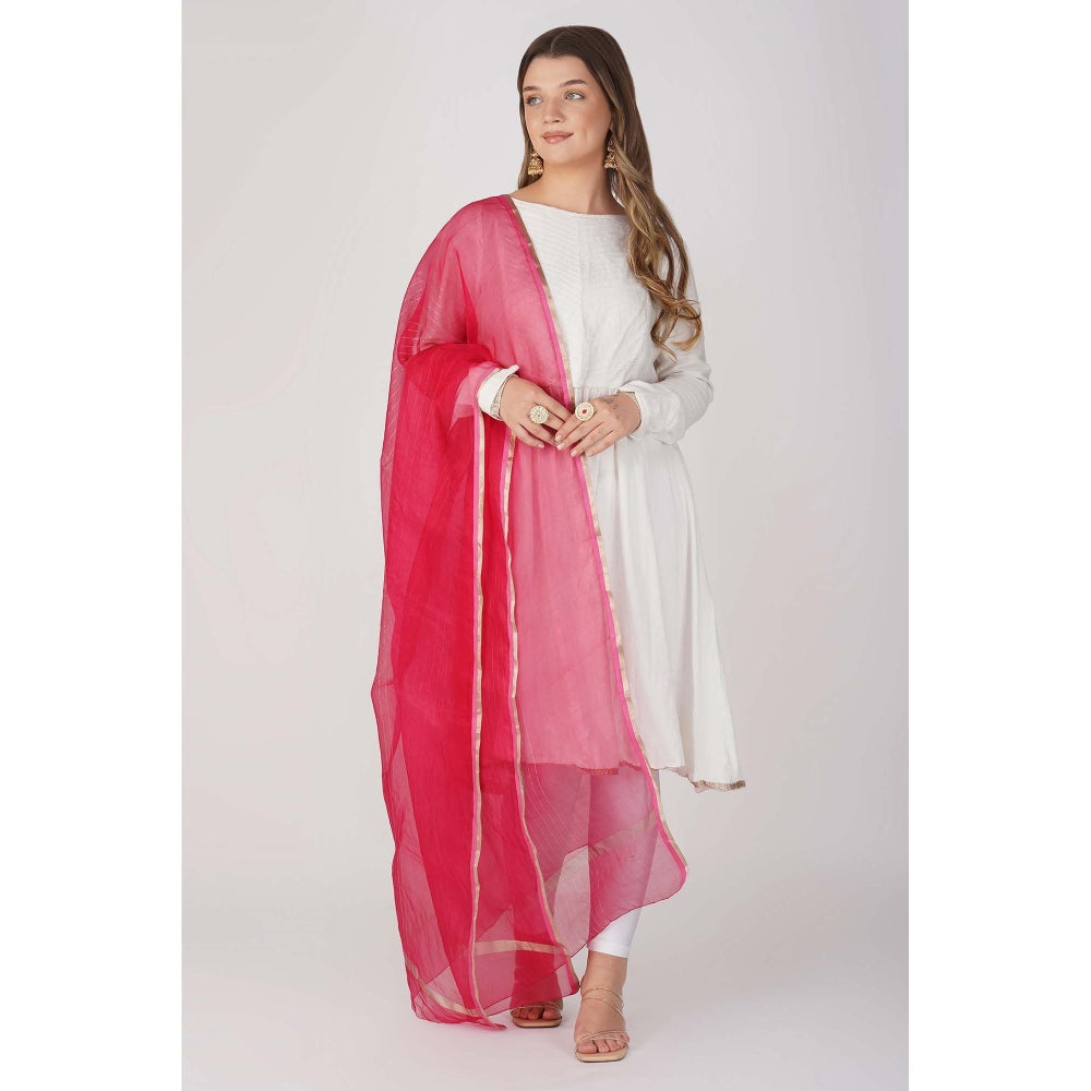 Zal from Benaras Hot Pink Zari Lining Pure Organza Silk Banarasi Handloom Dupatta