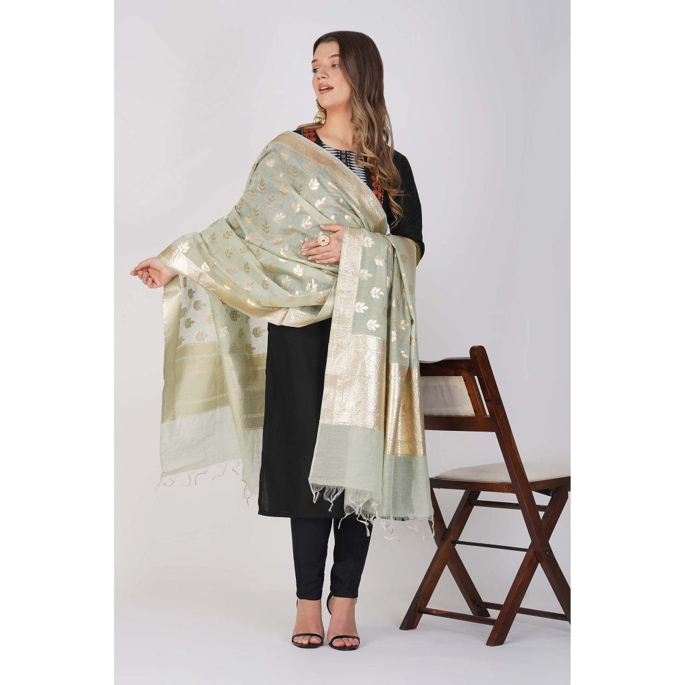 Zal from Benaras Sage Green Pure Linen Banarasi Handloom Dupatta