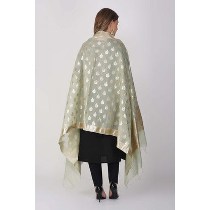 Zal from Benaras Sage Green Pure Linen Banarasi Handloom Dupatta