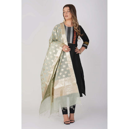 Zal from Benaras Sage Green Pure Linen Banarasi Handloom Dupatta
