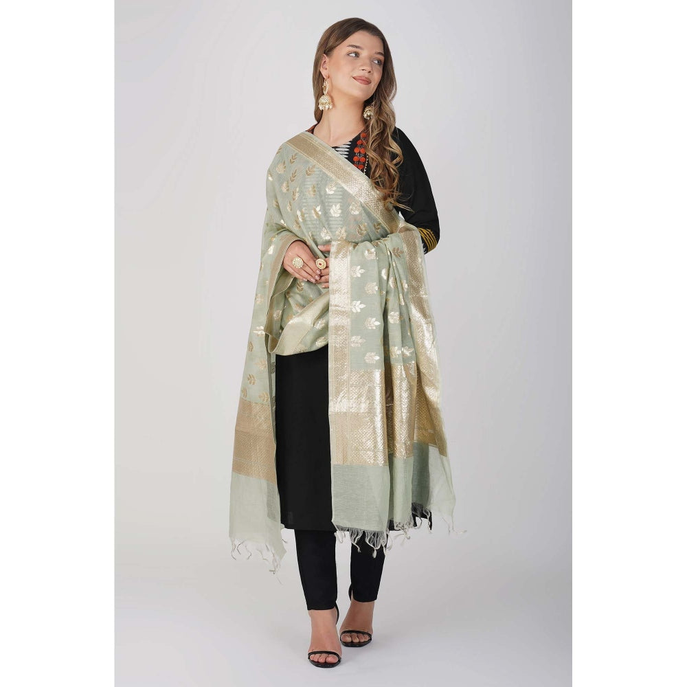 Zal from Benaras Sage Green Pure Linen Banarasi Handloom Dupatta