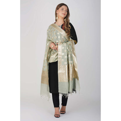 Zal from Benaras Sage Green Pure Linen Banarasi Handloom Dupatta