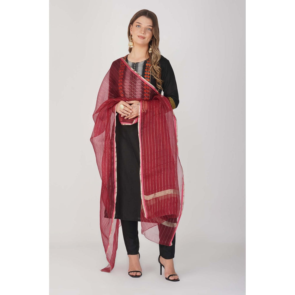 Zal from Benaras Maroon Zari Lining Pure Organza Silk Banarasi Handloom Dupatta