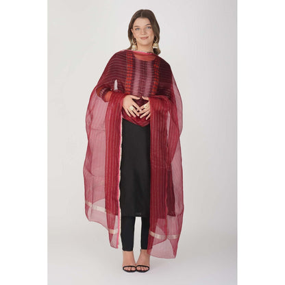 Zal from Benaras Maroon Zari Lining Pure Organza Silk Banarasi Handloom Dupatta