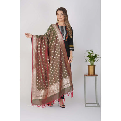 Zal from Benaras Olive Pure Silk Banarasi Handloom Saree without Blouse