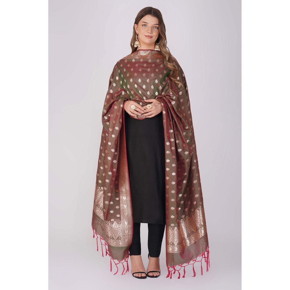 Zal from Benaras Olive Pure Silk Banarasi Handloom Saree without Blouse