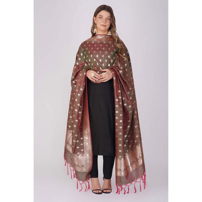 Zal from Benaras Olive Pure Silk Banarasi Handloom Saree without Blouse