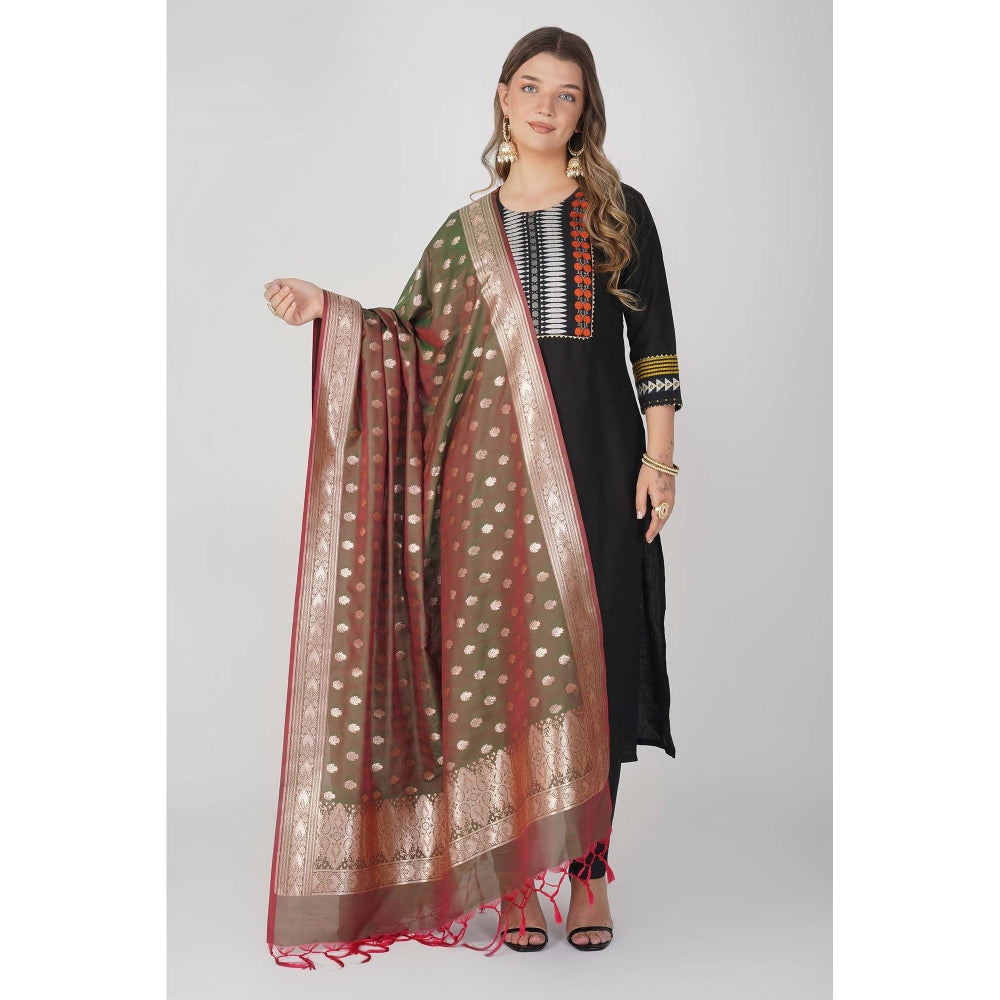 Zal from Benaras Olive Pure Silk Banarasi Handloom Saree without Blouse