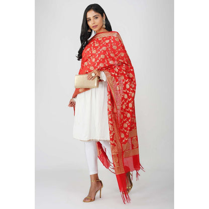 Zal from Benaras Red Pure Silk Banarasi Jangle Work Handloom Dupatta