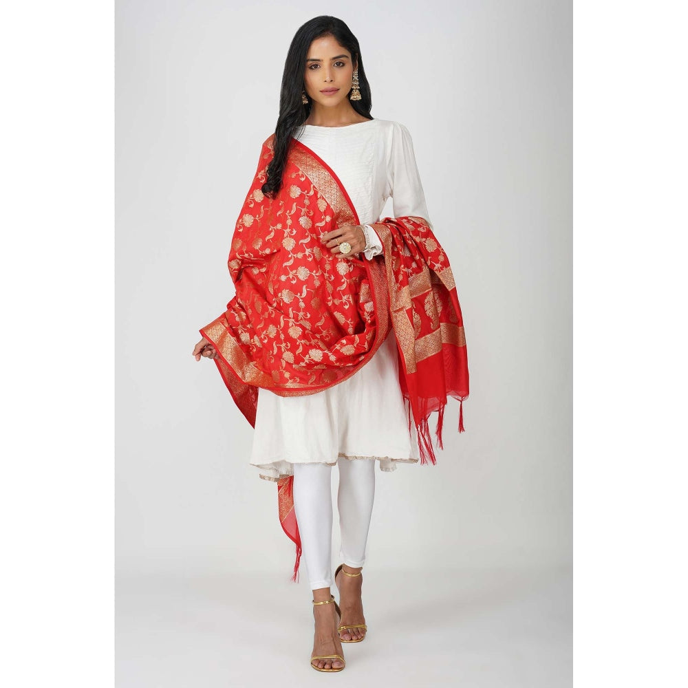 Zal from Benaras Red Pure Silk Banarasi Jangle Work Handloom Dupatta