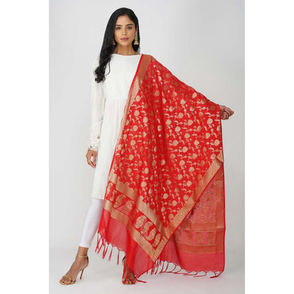 Zal from Benaras Red Pure Silk Banarasi Jangle Work Handloom Dupatta