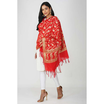 Zal from Benaras Red Pure Silk Banarasi Jangle Work Handloom Dupatta