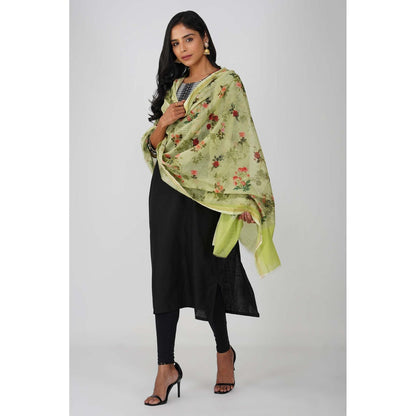 Zal from Benaras Green Pure Silk Floral Print Banarasi Handloom Dupatta