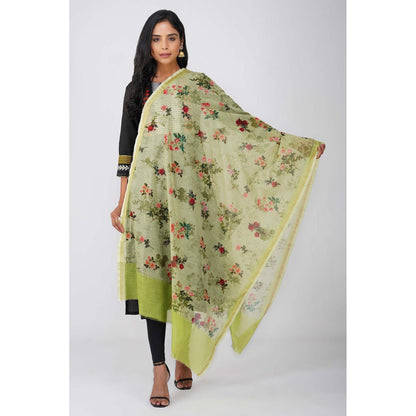 Zal from Benaras Green Pure Silk Floral Print Banarasi Handloom Dupatta