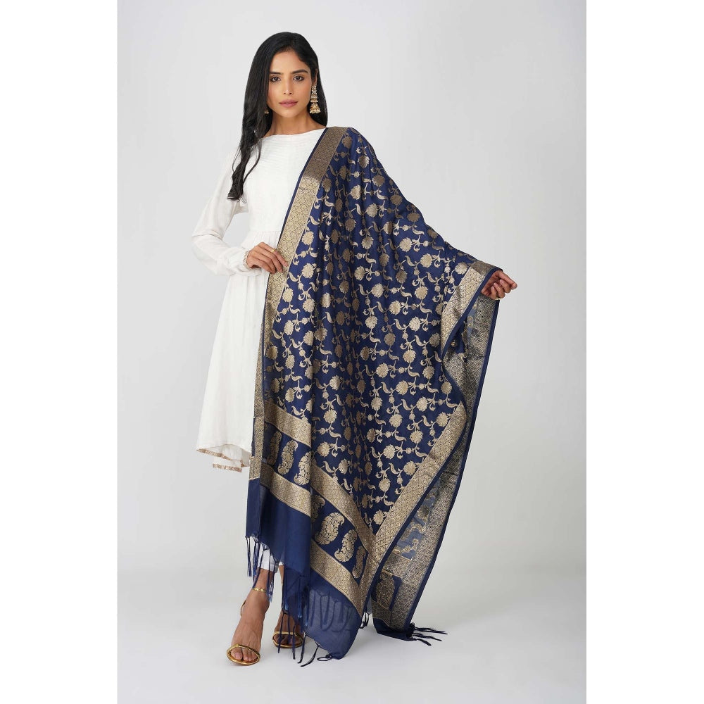 Zal from Benaras Dark Blue Pure Silk Banarasi Jangle Work Handloom Dupatta
