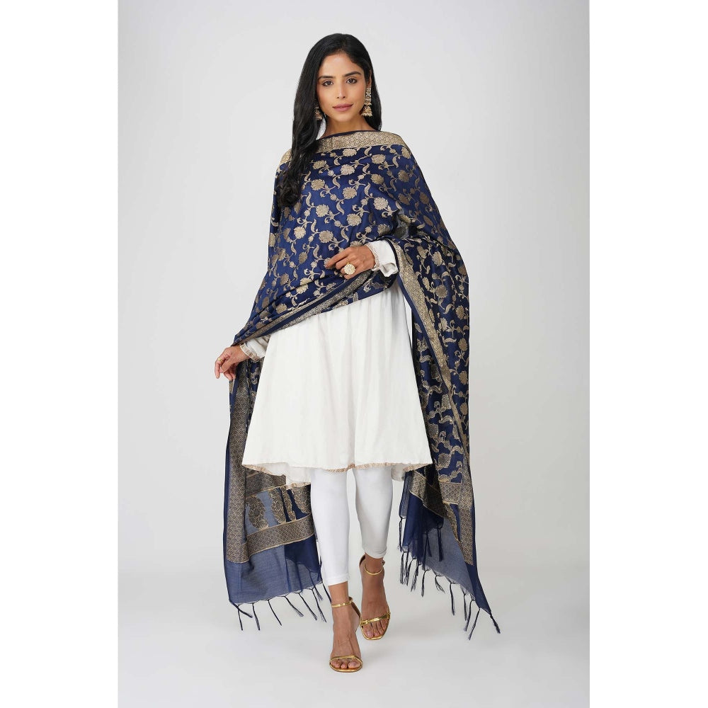 Zal from Benaras Dark Blue Pure Silk Banarasi Jangle Work Handloom Dupatta