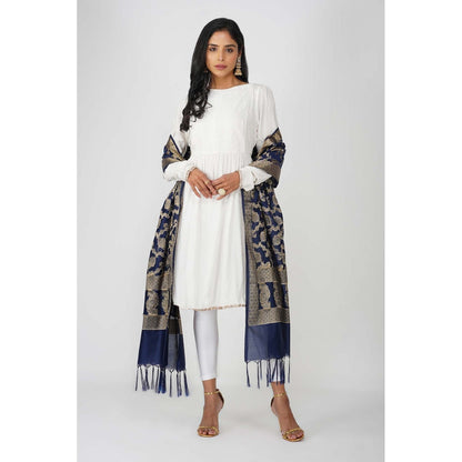 Zal from Benaras Dark Blue Pure Silk Banarasi Jangle Work Handloom Dupatta