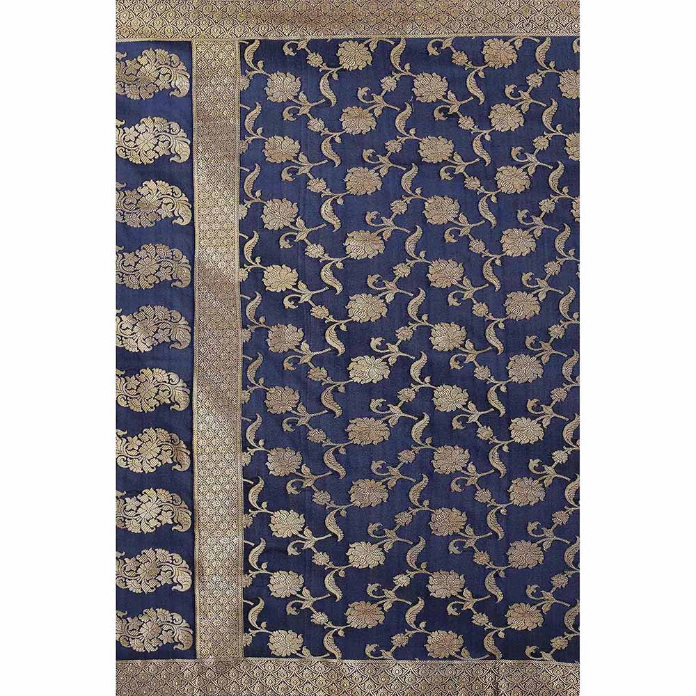 Zal from Benaras Dark Blue Pure Silk Banarasi Jangle Work Handloom Dupatta