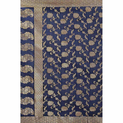 Zal from Benaras Dark Blue Pure Silk Banarasi Jangle Work Handloom Dupatta