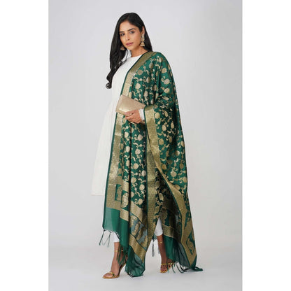 Zal from Benaras Bottle Green Pure Silk Banarasi Jangle Work Handloom Dupatta