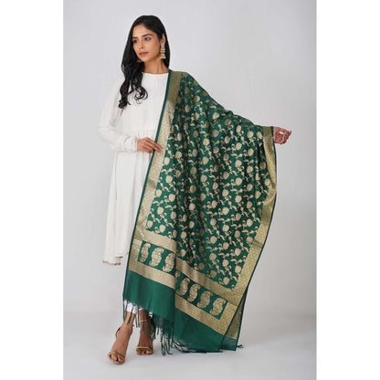Zal from Benaras Bottle Green Pure Silk Banarasi Jangle Work Handloom Dupatta