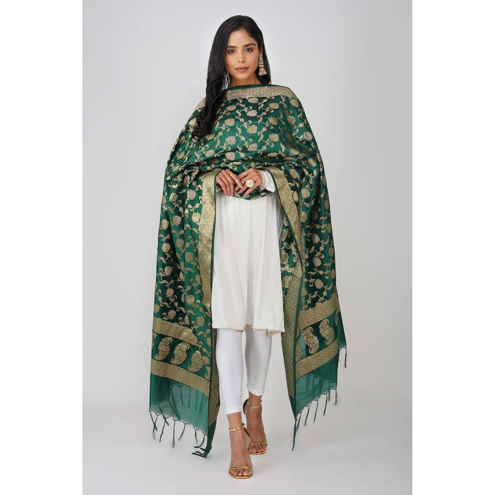 Zal from Benaras Bottle Green Pure Silk Banarasi Jangle Work Handloom Dupatta