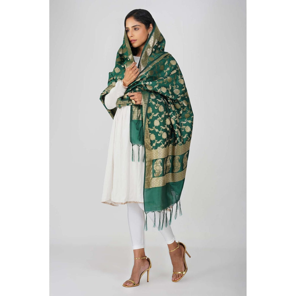 Zal from Benaras Bottle Green Pure Silk Banarasi Jangle Work Handloom Dupatta