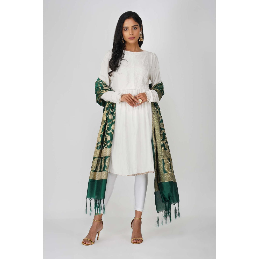 Zal from Benaras Bottle Green Pure Silk Banarasi Jangle Work Handloom Dupatta