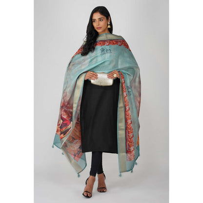 Zal from Benaras Blue Kashi Ghat Printed Pink Pure Silk Banarasi Handloom Dupatta