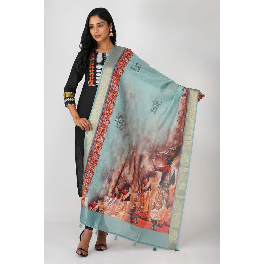 Zal from Benaras Blue Kashi Ghat Printed Pink Pure Silk Banarasi Handloom Dupatta
