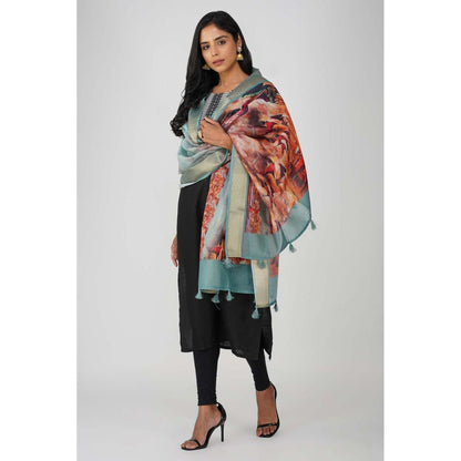 Zal from Benaras Blue Kashi Ghat Printed Pink Pure Silk Banarasi Handloom Dupatta