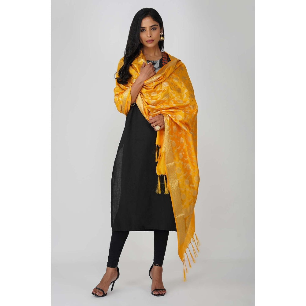 Zal from Benaras Yellow Pure Silk Banarasi Jangle Work Handloom Dupatta