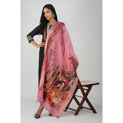 Zal from Benaras Kashi Ghat Printed Pink Pure Silk Banarasi Handloom Dupatta