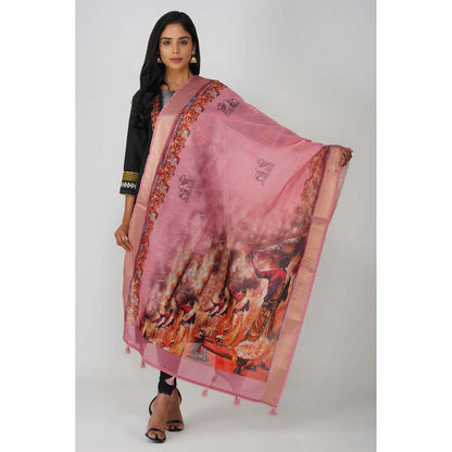 Zal from Benaras Kashi Ghat Printed Pink Pure Silk Banarasi Handloom Dupatta